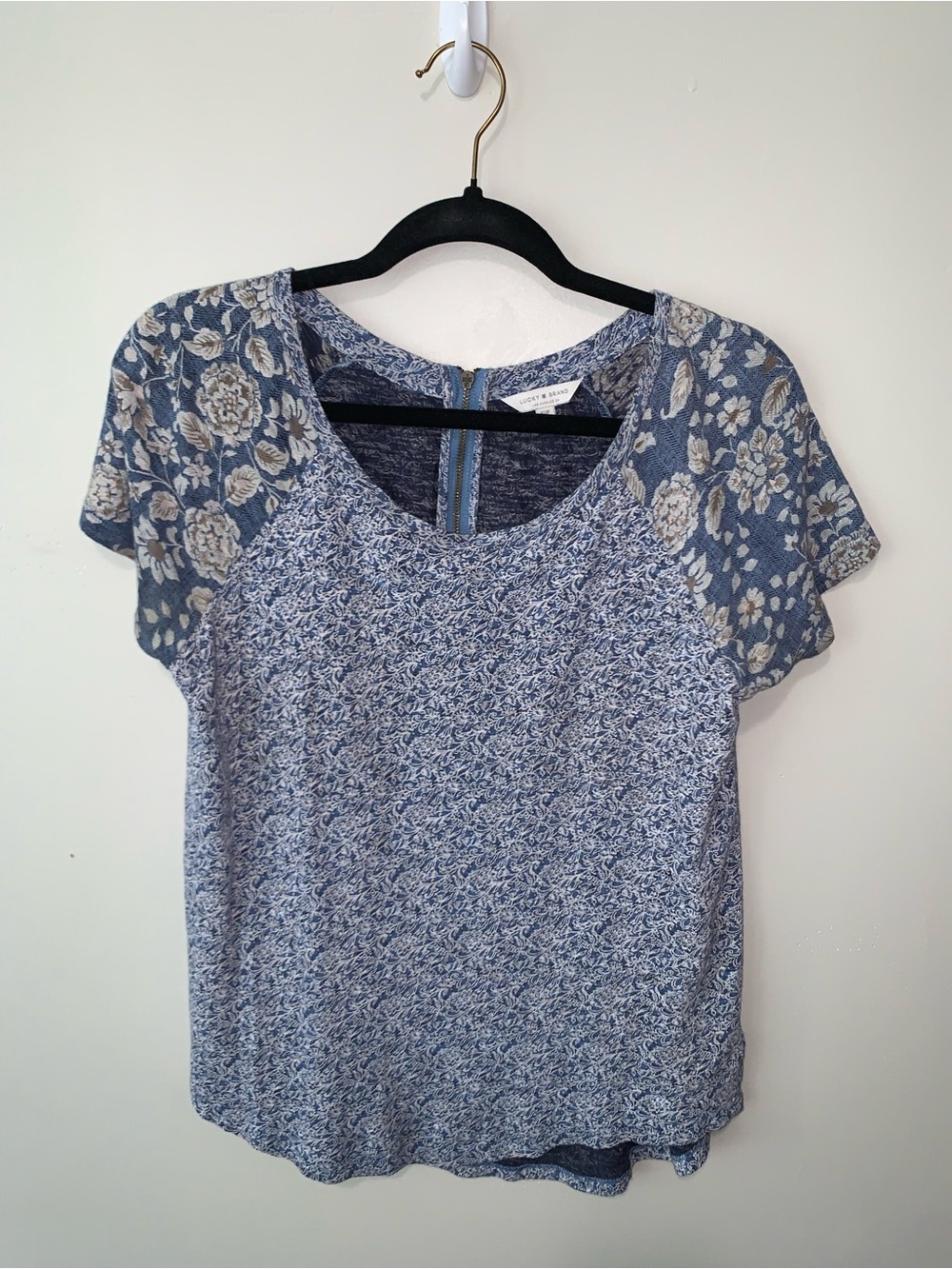 Lucky Brand Blue Mixed-Print Scoop Neck Short Sleeve Boho Top
